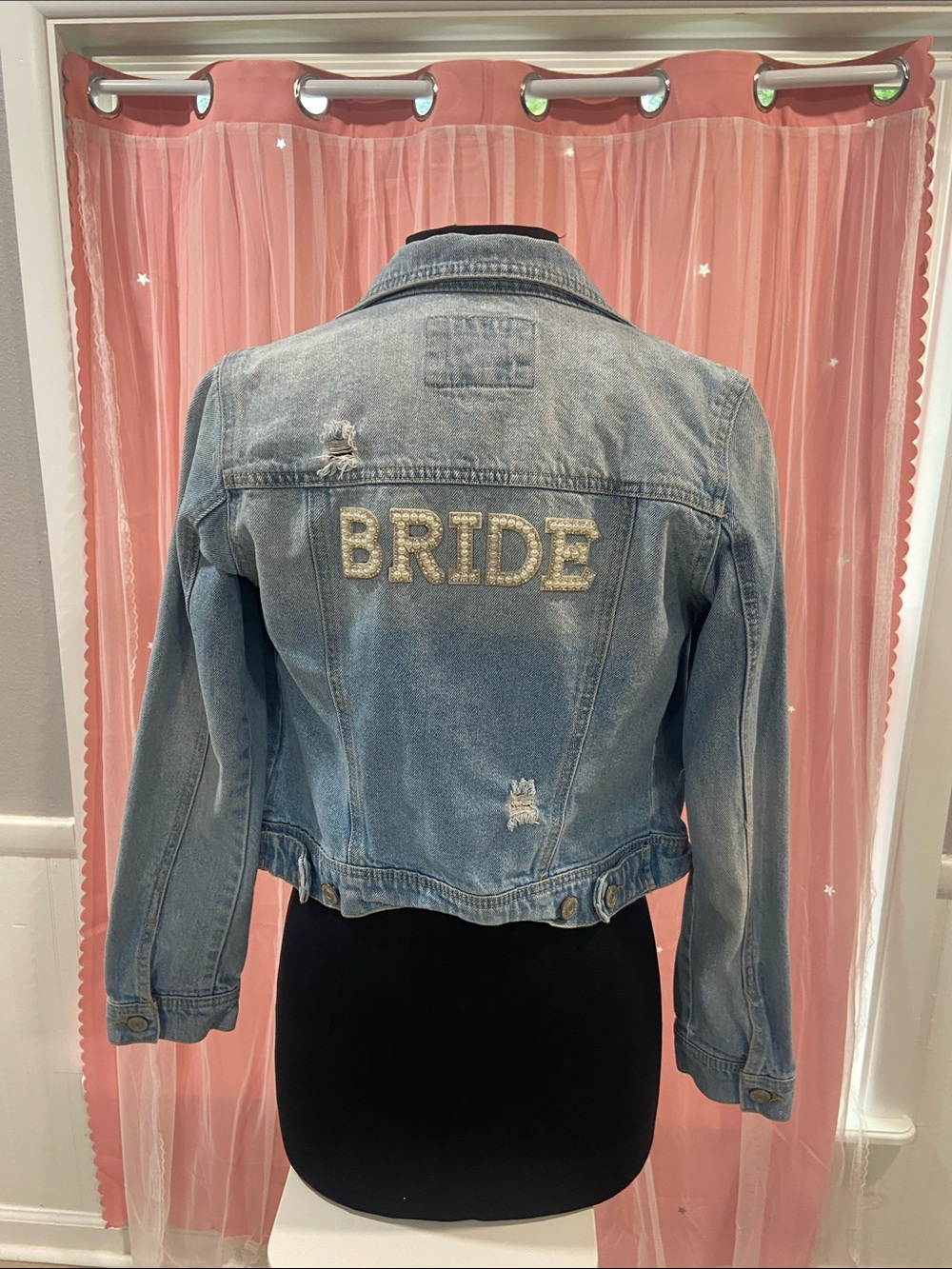Wax Jean Light Blue Distressed Denim Jacket. Size S BRIDE on back